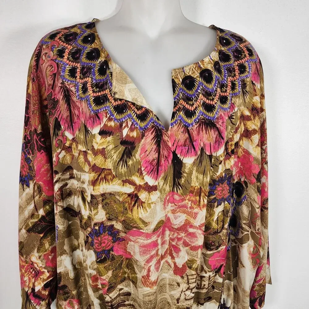 Chicos Peacock Floral Print Beaded Smocked Waist Blouse Size 3 US XL Artsy Boho